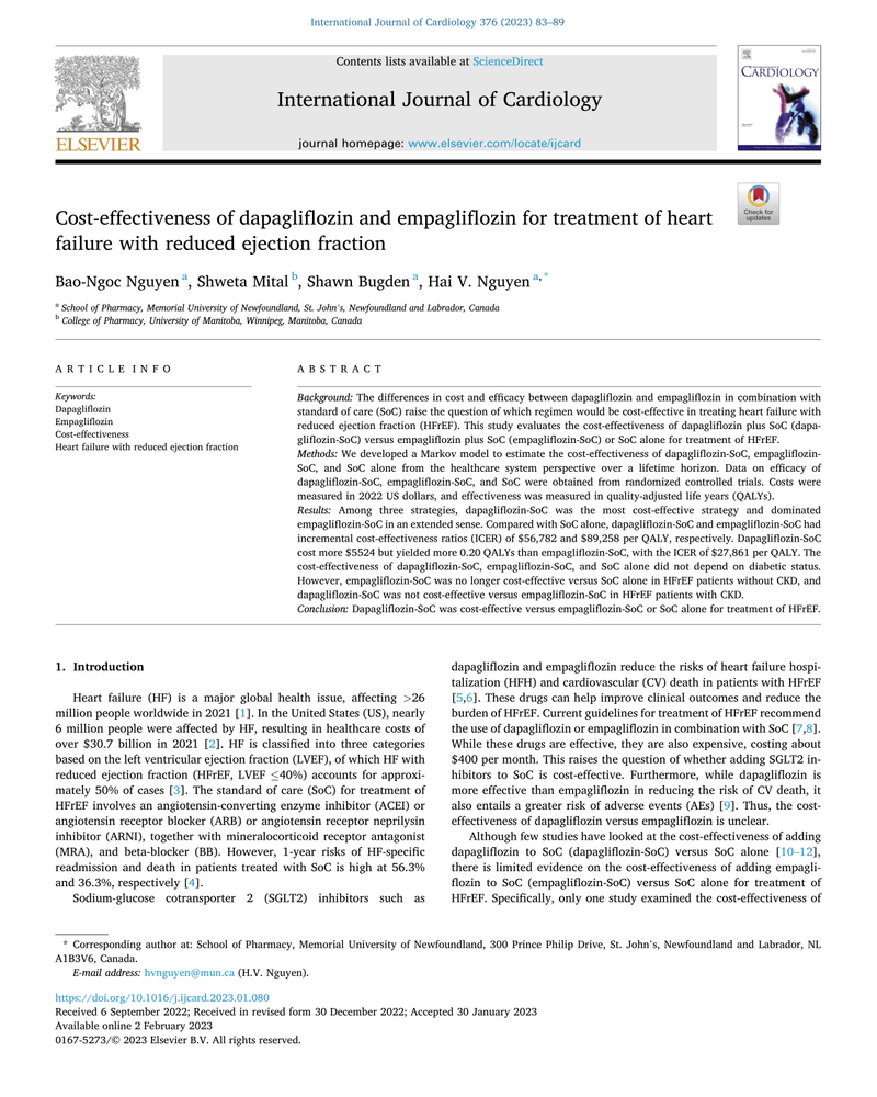 COST-EFFECTIVENESS OF DAPAGLIFLOZIN AND EMPAGLIFLOZIN FOR TREATMENT OF HEART FAILURE WITH REDUCED EJECTION FRACTION cover