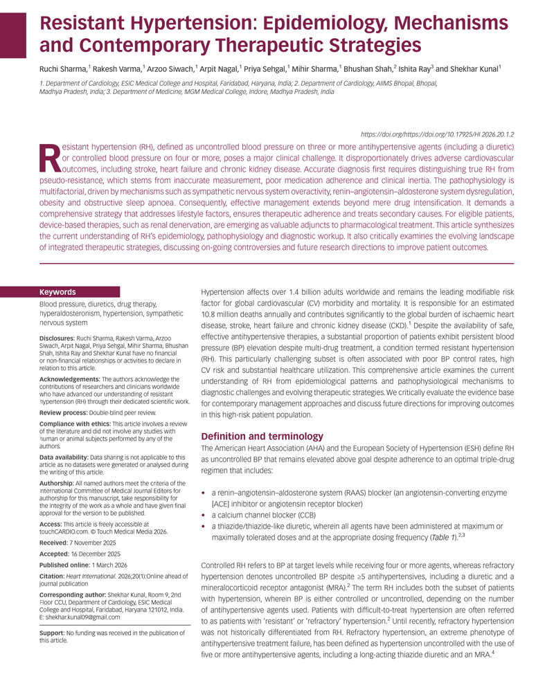 RESISTANT HYPERTENSION: EPIDEMIOLOGY, MECHANISMS AND CONTEMPORARY THERAPEUTIC STRATEGIES cover