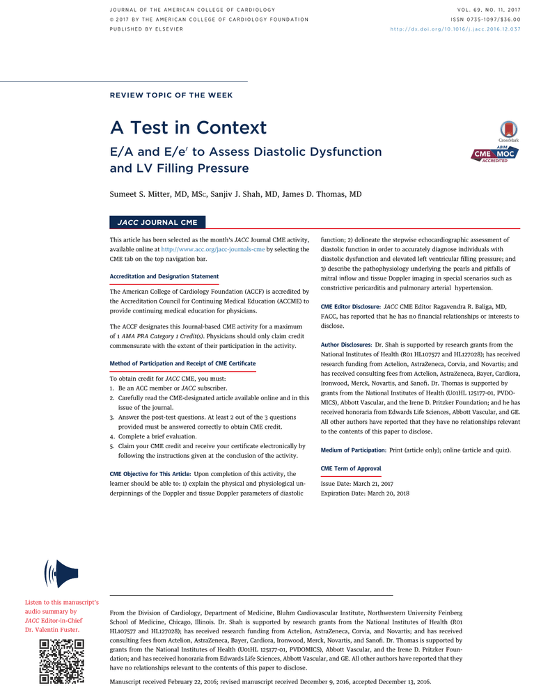A TEST IN CONTEXT: E/A AND E/E0 TO ASSESS DIASTOLIC DYSFUNCTION AND LV FILLING PRESSURE cover