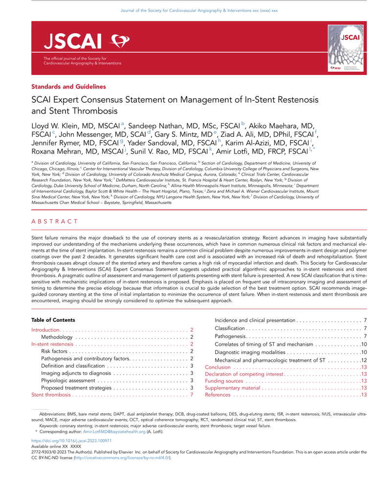 SCAI EXPERT CONSENSUS STATEMENT ON MANAGEMENT OF IN-STENT RESTENOSIS AND STENT THROMBOSIS cover