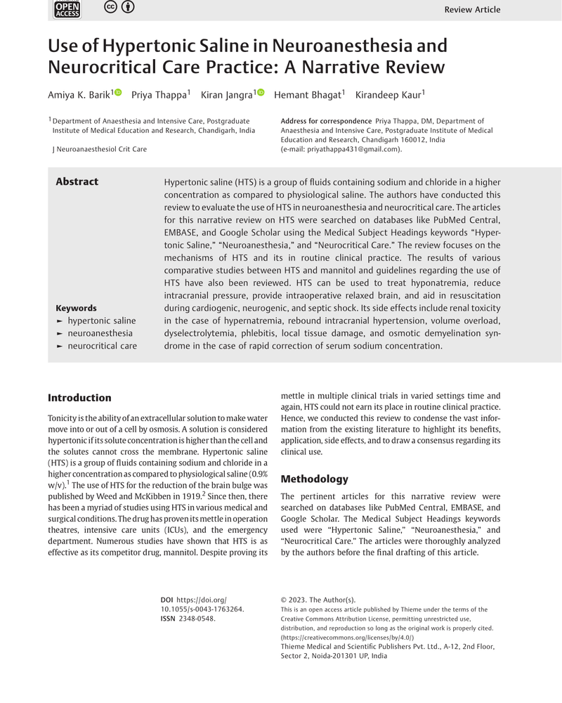 USE OF HYPERTONIC SALINE IN NEUROANESTHESIA AND NEUROCRITICAL CARE PRACTICE: A NARRATIVE REVIEW cover