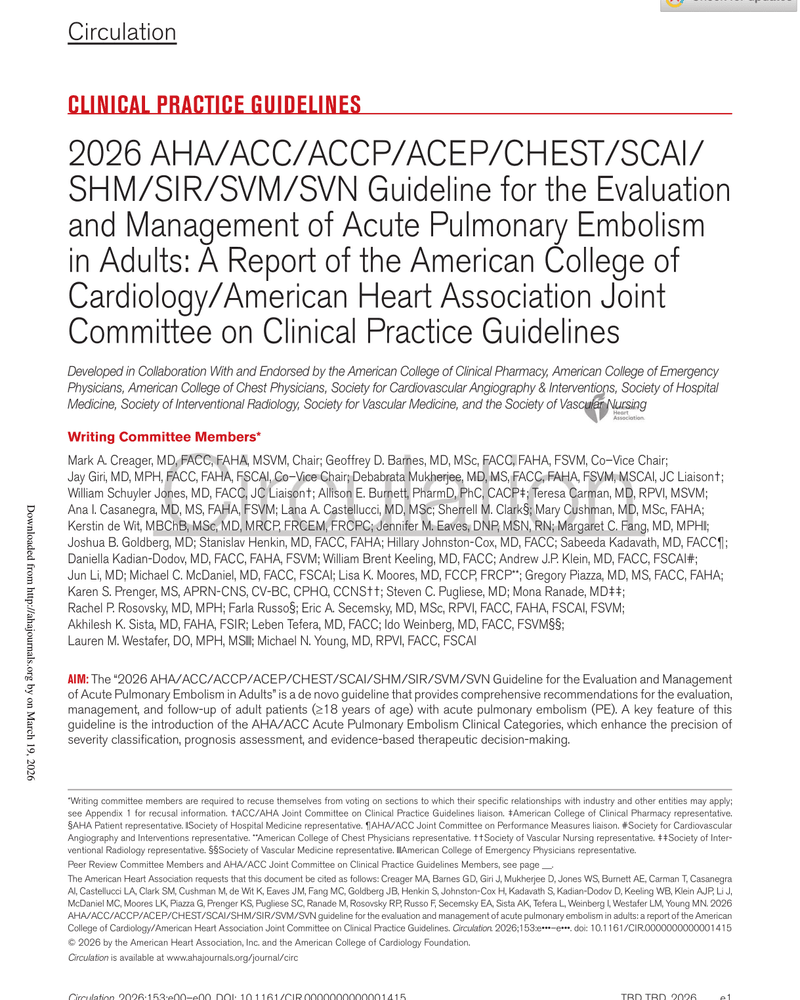 2026 AHA/ACC/ACCP/ACEP/CHEST/SCAI/SHM/SIR/SVM/SVN GUIDELINE FOR THE EVALUATION AND MANAGEMENT OF ACUTE PULMONARY EMBOLISM IN ADULTS cover