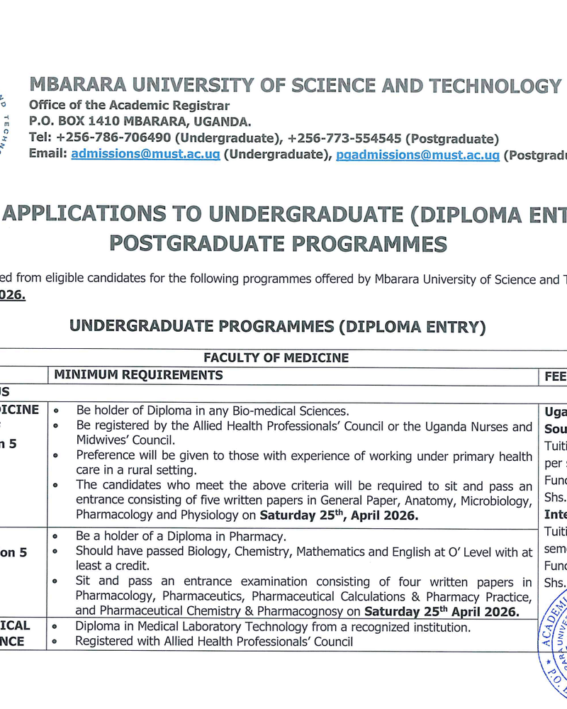 CALL FOR APPLICATIONS TO UNDERGRADUATE (DIPLOMA ENTRY) AND POSTGRADUATE PROGRAMMES cover