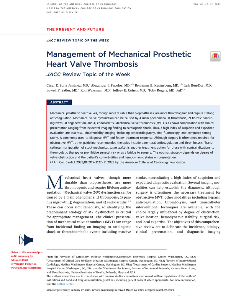 MANAGEMENT OF MECHANICAL PROSTHETIC HEART VALVE THROMBOSIS cover