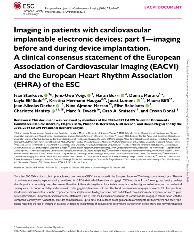 IMAGING IN PATIENTS WITH CARDIOVASCULAR IMPLANTABLE ELECTRONIC DEVICES: PART 1—IMAGING BEFORE AND DURING DEVICE IMPLANTATION cover