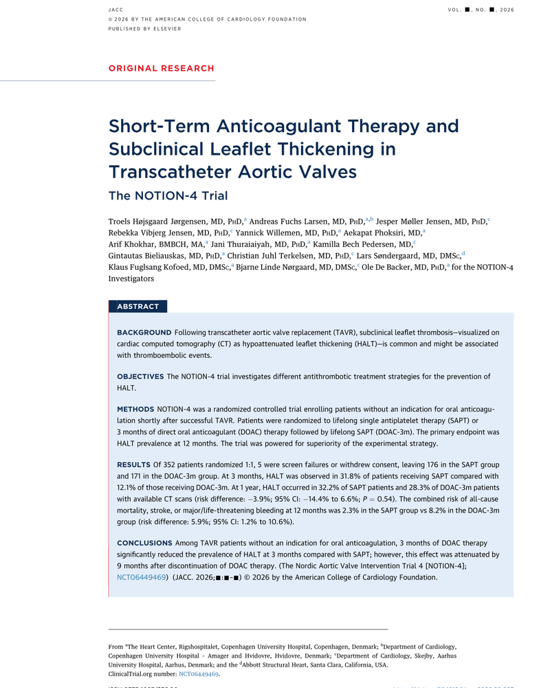 SHORT-TERM ANTICOAGULANT THERAPY AND SUBCLINICAL LEAFLET THICKENING IN TRANSCATHETER AORTIC VALVES cover