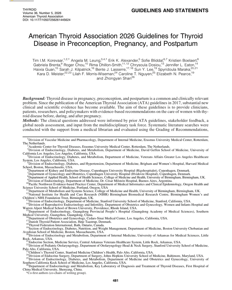 AMERICAN THYROID ASSOCIATION 2026 GUIDELINES FOR THYROID DISEASE IN PRECONCEPTION, PREGNANCY, AND POSTPARTUM cover