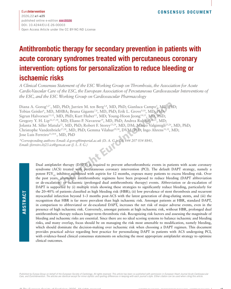 Antithrombotic therapy for secondary prevention in patients with acute coronary syndromes treated with percutaneous coronary intervention: options for personalization to reduce bleeding or ischaemic risks cover