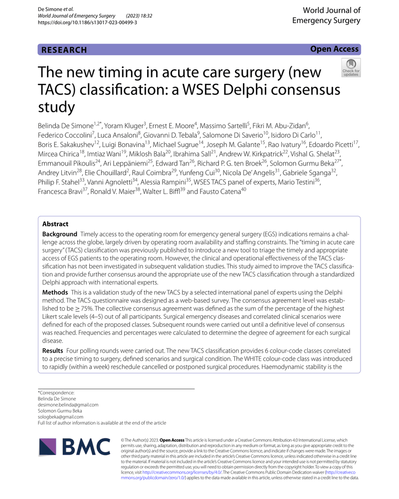 THE NEW TIMING IN ACUTE CARE SURGERY (NEW TACS) CLASSIFICATION: A WSES DELPHI CONSENSUS STUDY cover
