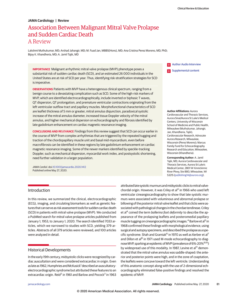 ASSOCIATION BETWEEN MALIGNANT MITRAL VALVE PROLAPSE AND SUDDEN CARDIAC DEATH cover