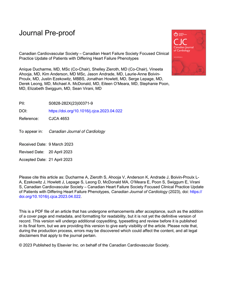 CANADIAN CARDIOVASCULAR SOCIETY – CANADIAN HEART FAILURE SOCIETY FOCUSED CLINICAL PRACTICE UPDATE OF PATIENTS WITH DIFFERING HEART FAILURE PHENOTYPES cover