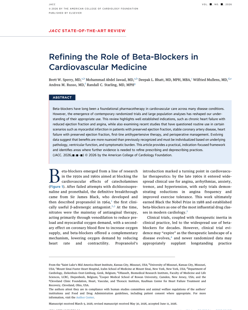 REFINING THE ROLE OF BETA-BLOCKERS INCARDIOVASCULAR MEDICINE cover
