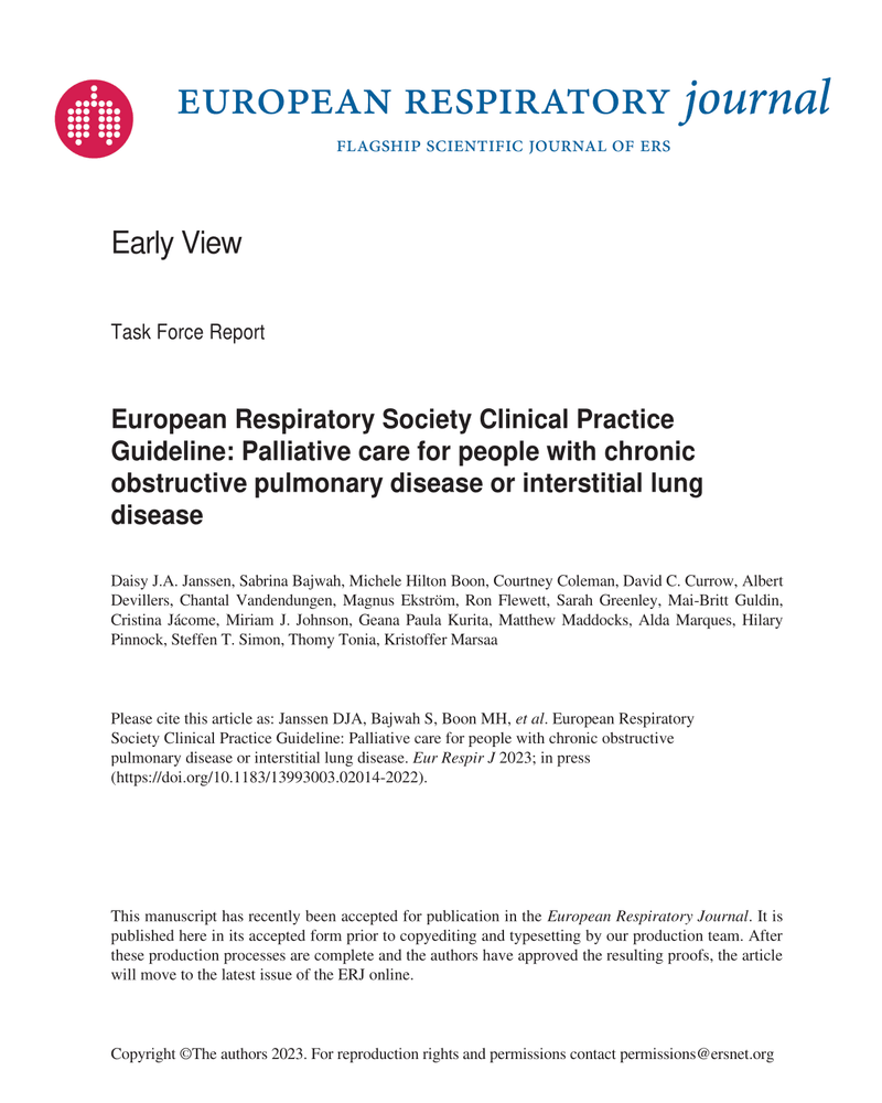 EUROPEAN RESPIRATORY SOCIETY CLINICAL PRACTICE GUIDELINE: PALLIATIVE CARE FOR PEOPLE WITH CHRONIC OBSTRUCTIVE PULMONARY DISEASE OR INTERSTITIAL LUNG DISEASE cover