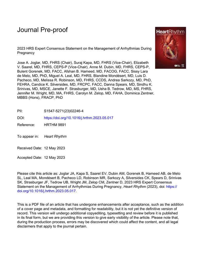 2023 HRS Management of Arrhythmias During Pregnancy cover