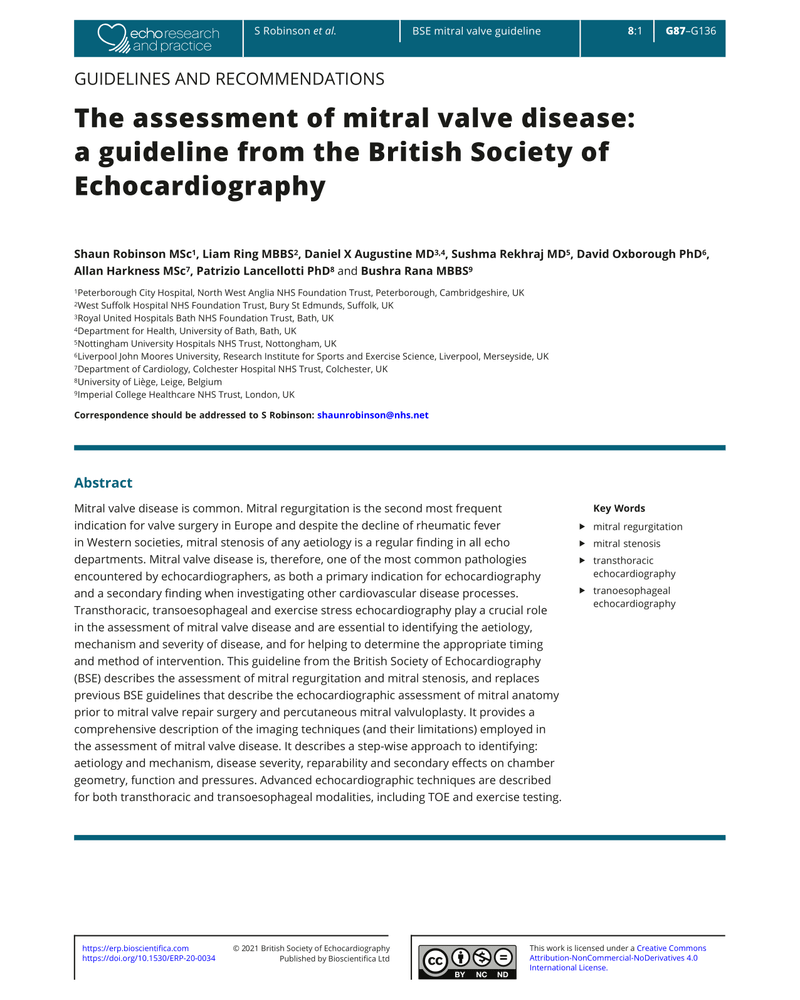 THE ASSESSMENT OF MITRAL VALVE DISEASE: A GUIDELINE FROM THE BRITISH SOCIETY OF ECHOCARDIOGRAPHY cover