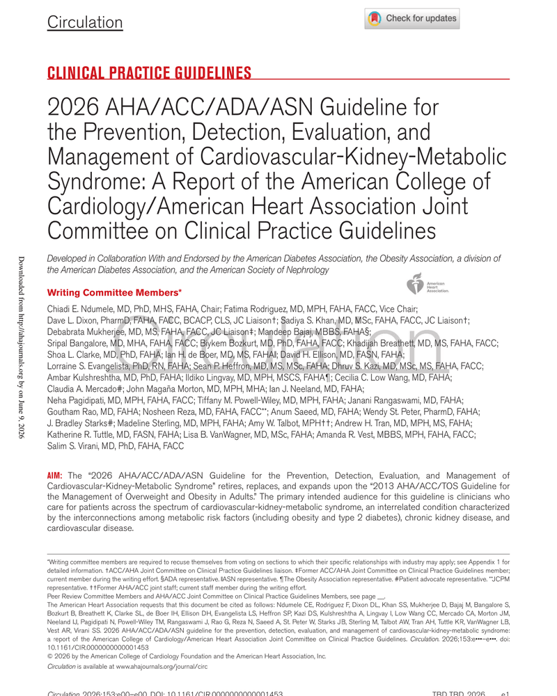 2026 AHA/ACC/ADA/ASN Guideline for the Prevention, Detection, Evaluation, and Management of Cardiovascular-Kidney-Metabolic Syndrome cover