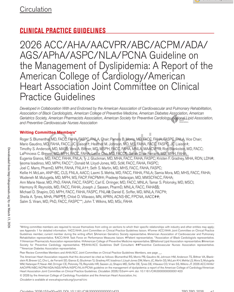 2026 ACC/AHA/AACVPR/ABC/ACPM/ADA/AGS/APhA/ASPC/NLA/PCNA Guideline on the Management of Dyslipidemia cover