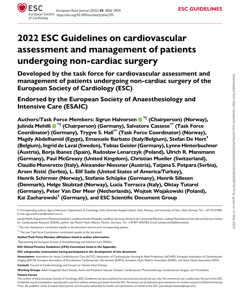 2022 ESC GUIDELINES ON CARDIOVASCULAR ASSESSMENT AND MANAGEMENT OF PATIENTS UNDERGOING NON-CARDIAC SURGERY cover