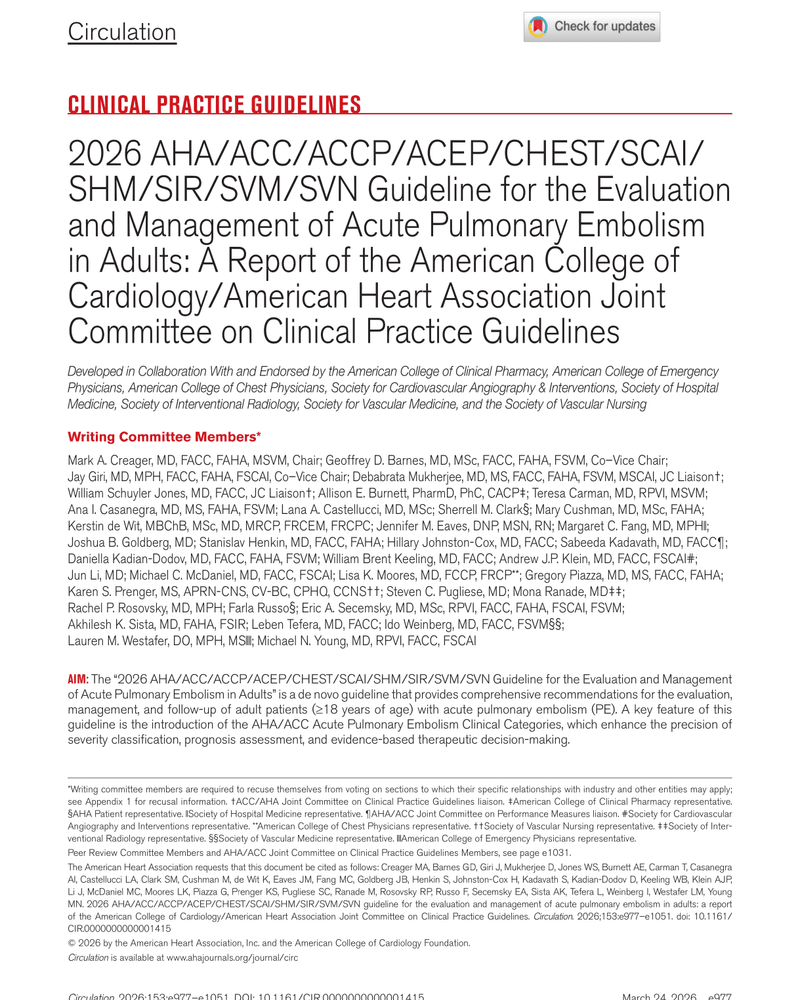 2026 AHA/ACC/ACCP/ACEP/CHEST/SCAI/SHM/SIR/SVM/SVN Guideline for the Evaluation and Management of Acute Pulmonary Embolism in Adults cover