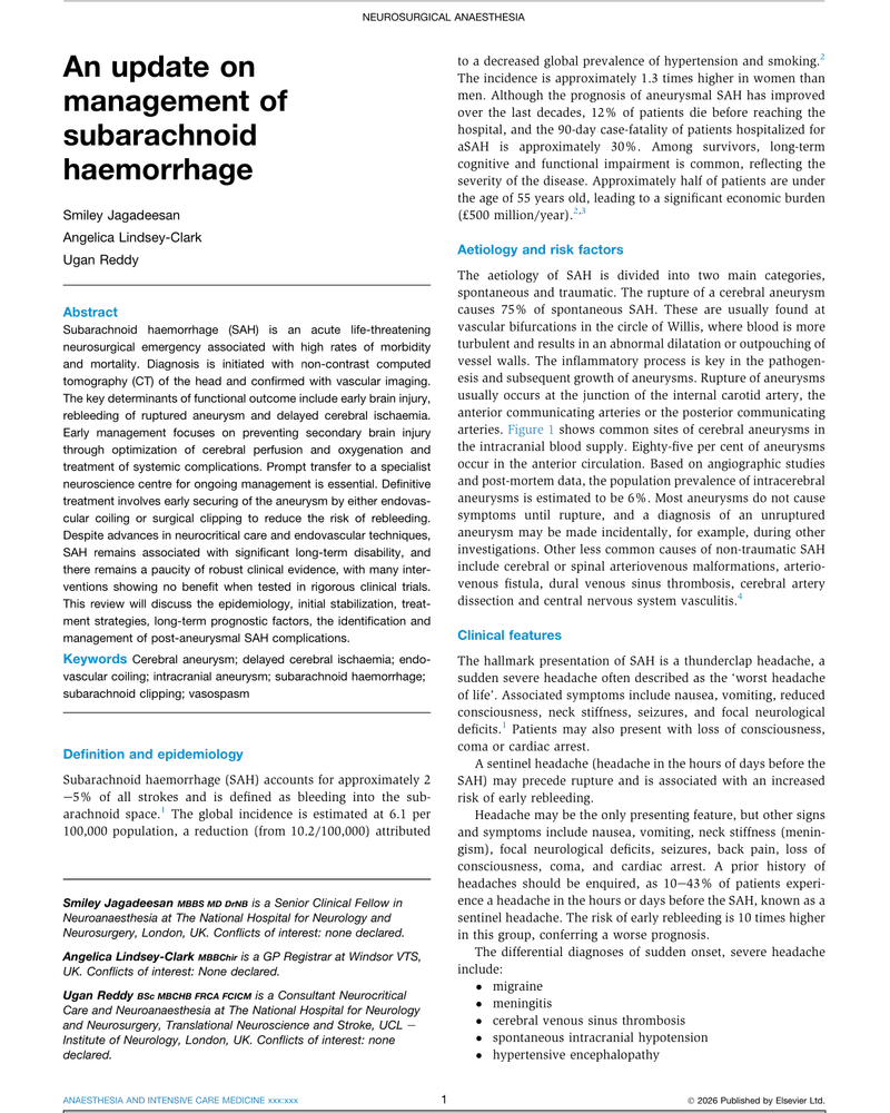 An update on management of subarachnoid haemorrhage cover