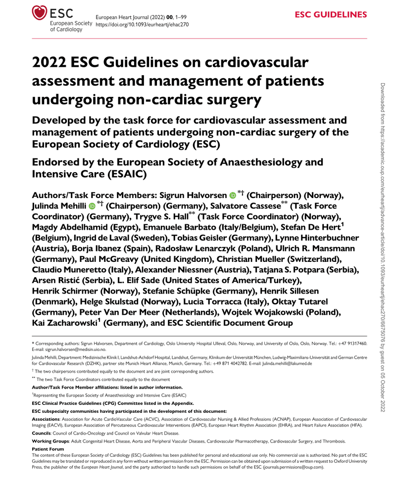 2022 ESC Guidelines on cardiovascular assessment and management of patients undergoing non-cardiac surgery cover