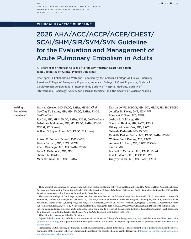 2026 AHA/ACC/ACCP/ACEP/CHEST/SCAI/SHM/SIR/SVM/SVN Guideline for the Evaluation and Management of Acute Pulmonary Embolism in Adults cover