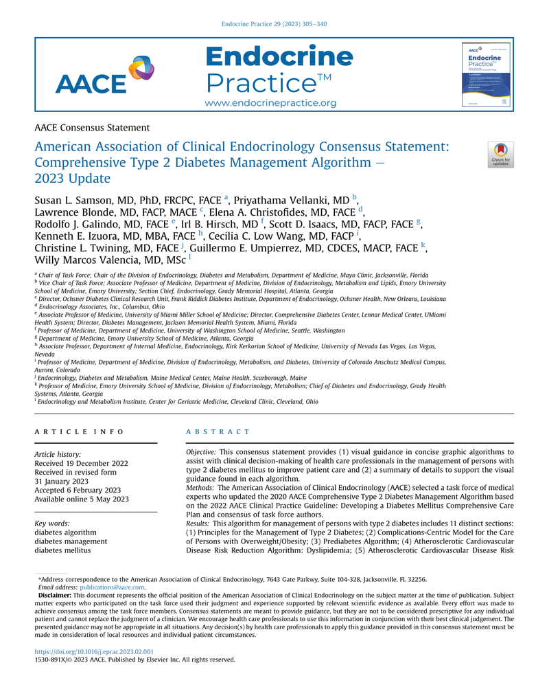 AMERICAN ASSOCIATION OF CLINICAL ENDOCRINOLOGY CONSENSUS STATEMENT: COMPREHENSIVE TYPE 2 DIABETES MANAGEMENT ALGORITHM 2023 UPDATE cover
