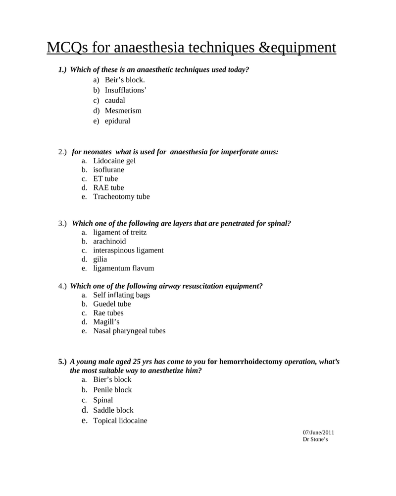 MCQs for anaesthesia techniques &equipment cover