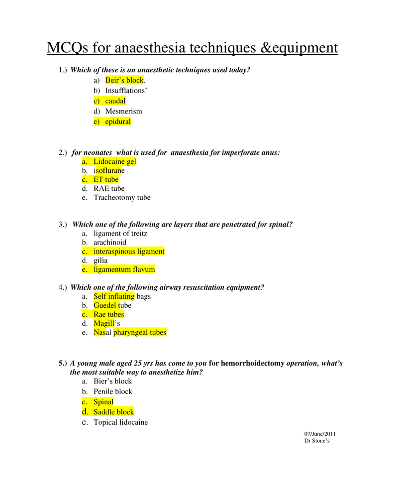 MCQs for anaesthesia techniques &equipment cover