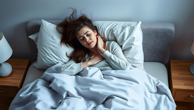 A woman is lying in bed with her head on a pillow, visibly uncomfortable, suffering from neck pain due to lack of support