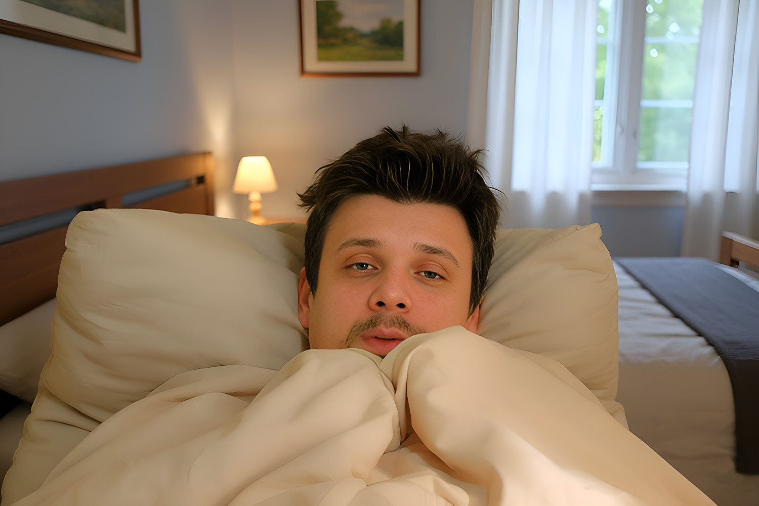A man waking up in the morning tired and shaking