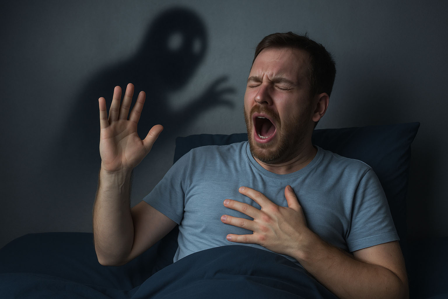 A man unable to sleep, emphasizing on night terror effects