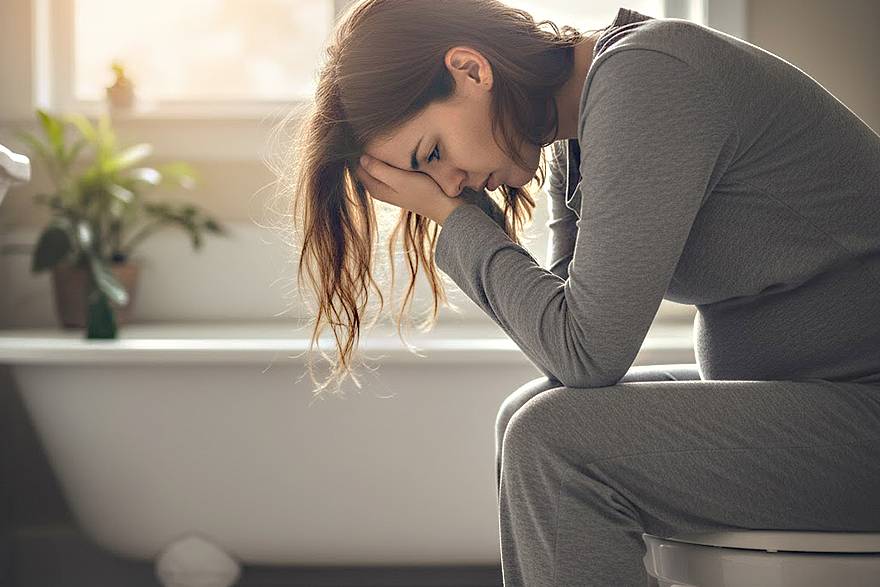 A pregnant woman, sitting in a space of her bathroom, looks visibly tired and distressed due to morning sickness.