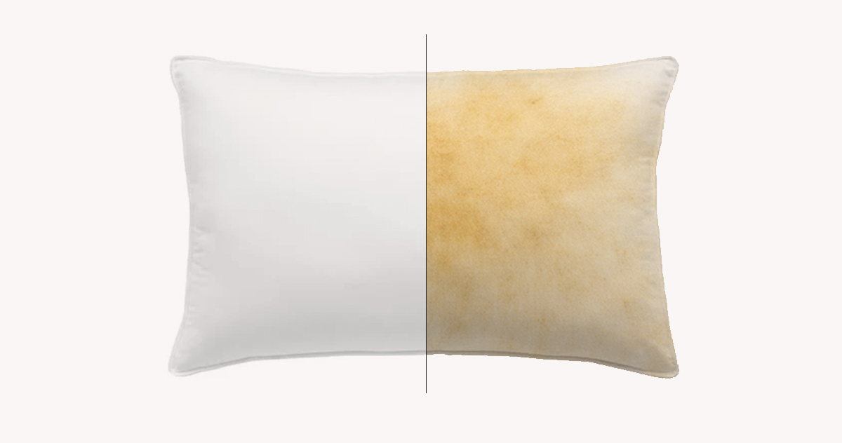 Clean vs. yellow-stained pillow showing discoloration over time