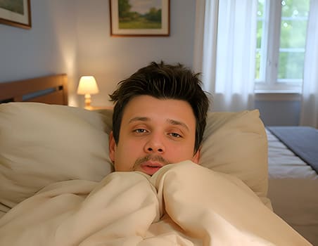 A man waking up in the morning tired and shaking