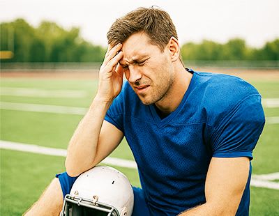 A man on the field sitting down due to a concussion.