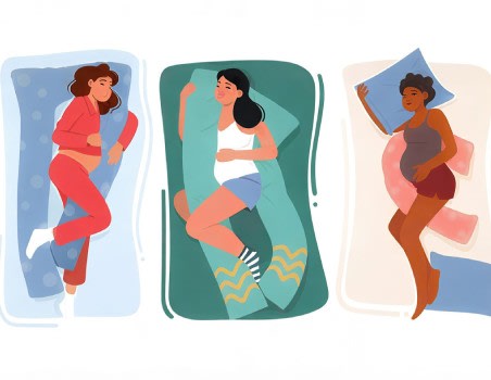 Different women sleeping with different shapes of pregnancy pillows