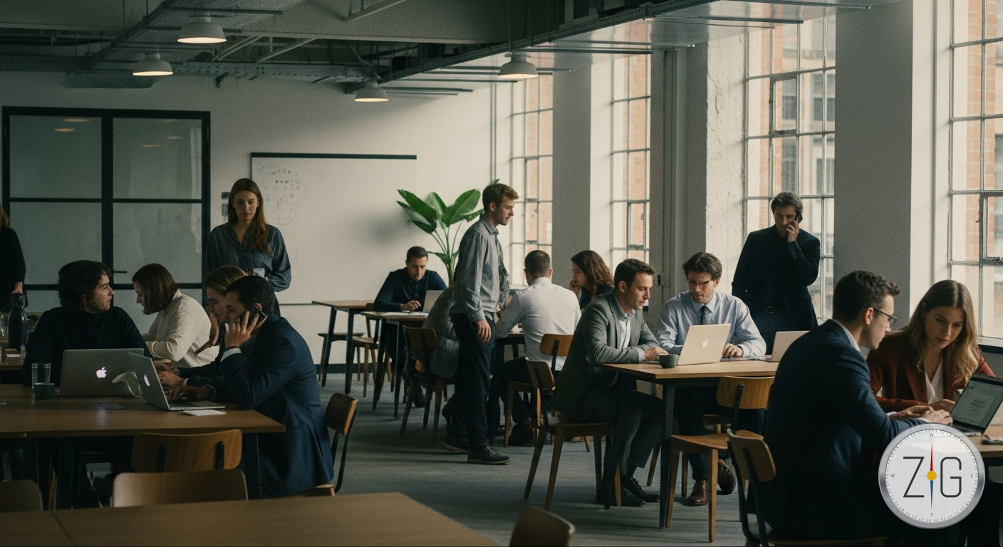 People working on laptops in a bright café with large windows and indoor plants