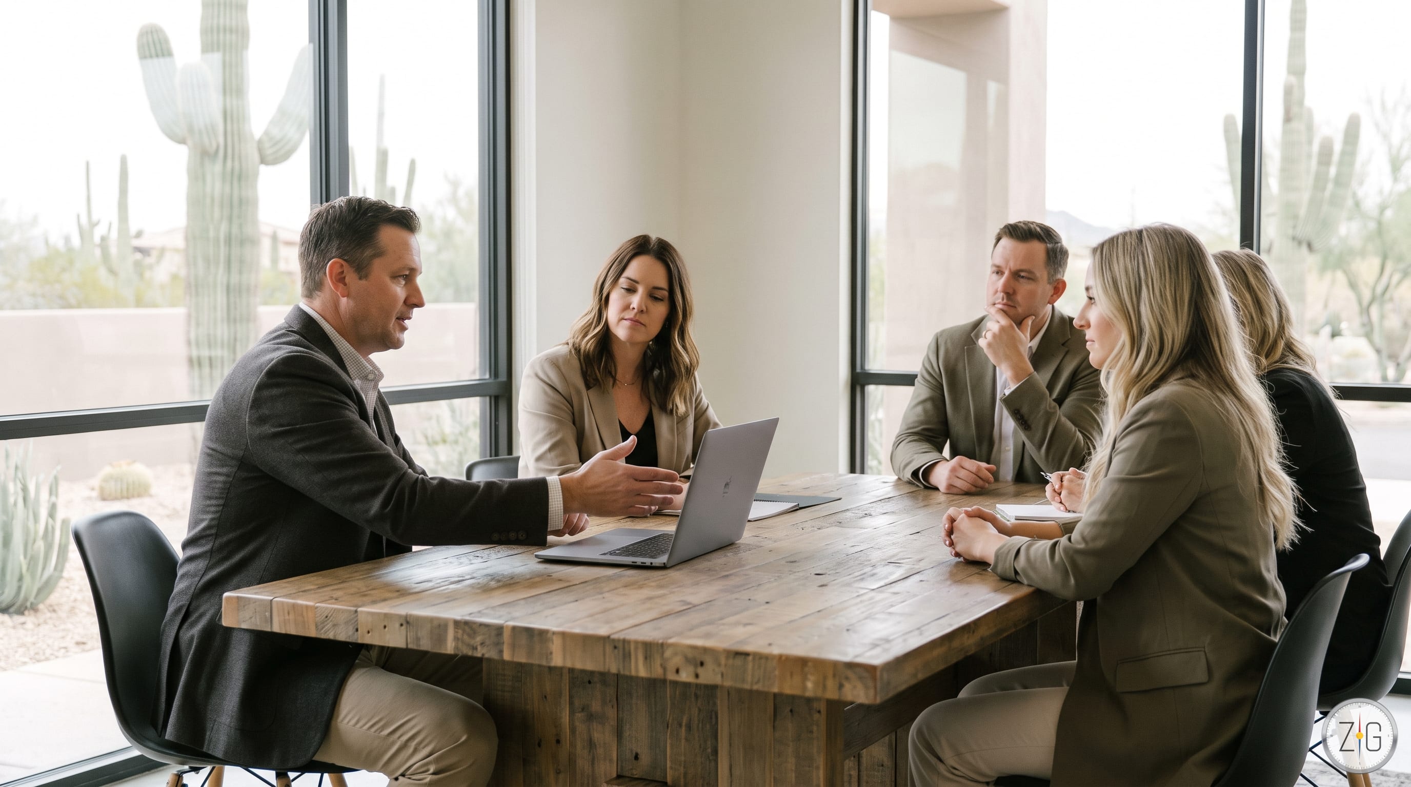 Four people in a bright office meeting around a wooden table with a laptop and papers