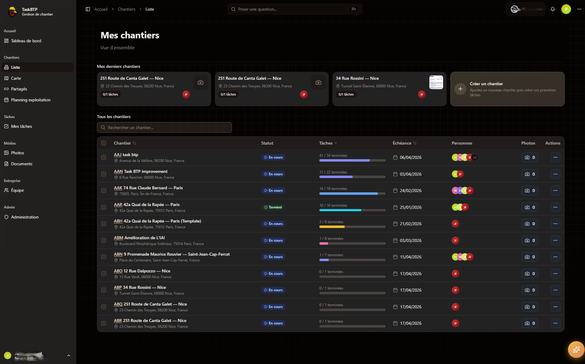 Gestion de vos chantiers