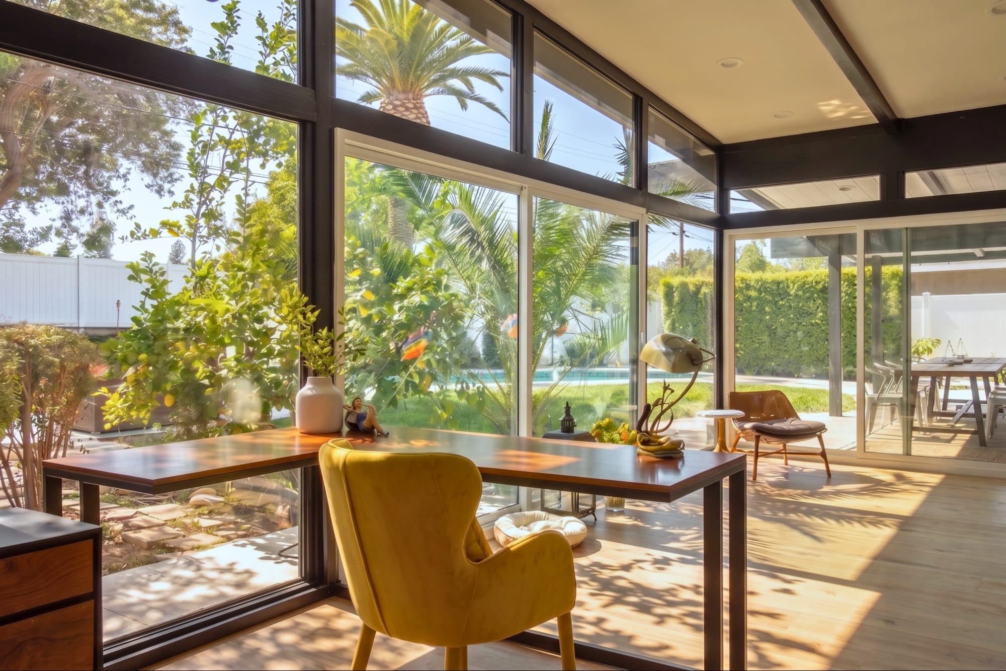 The private heated pool, surrounded by mature plantings.