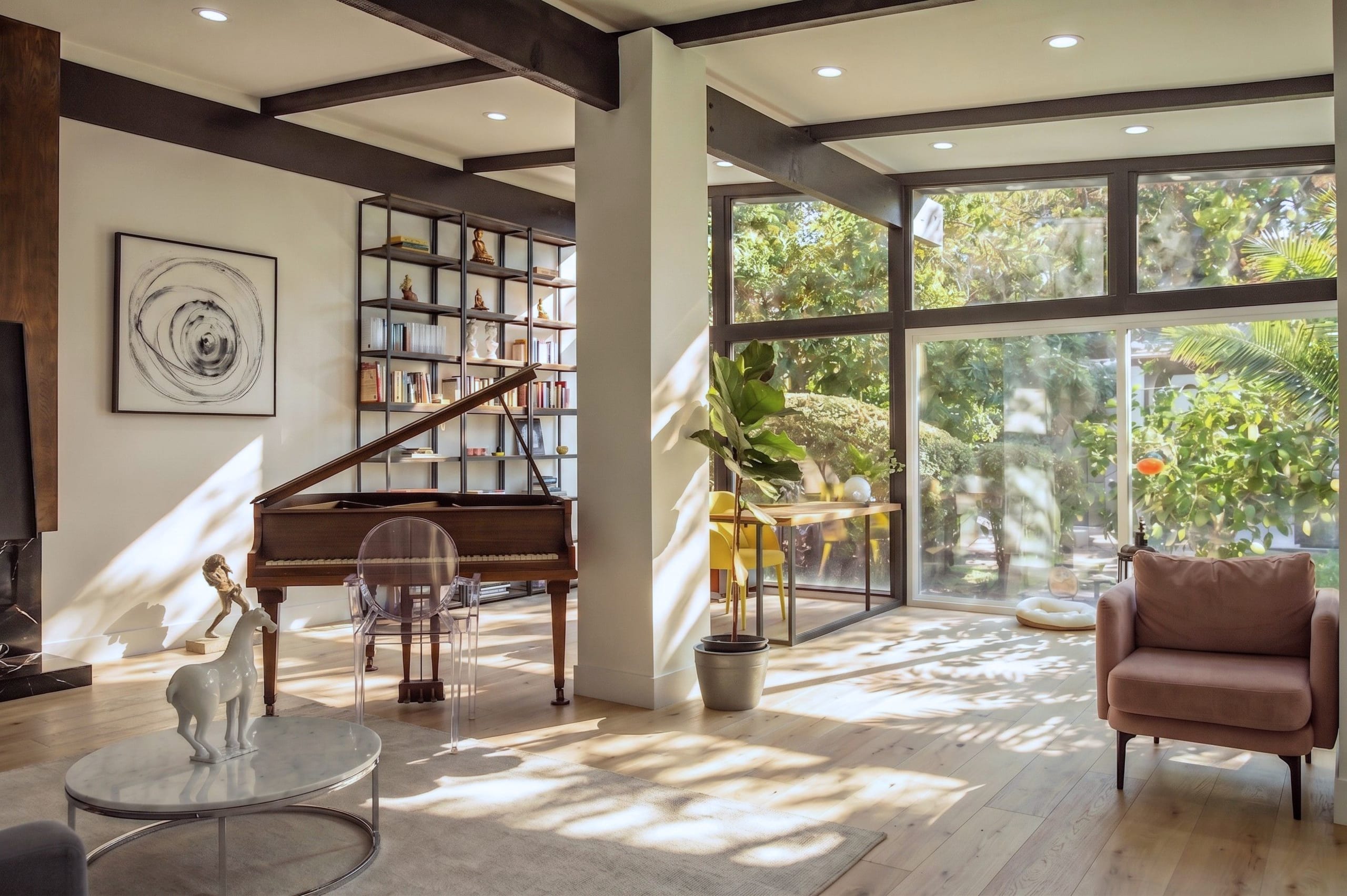 Sunlit mid-century living room with exposed dark beams, grand piano, built-in bookshelves, and floor-to-ceiling glass opening to a lush garden.