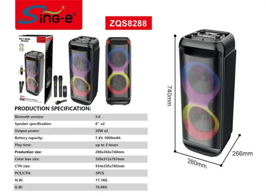 Coluna de Som Torre Bluetooth 8" — Sistema de Karaoke com Iluminação RGB 2