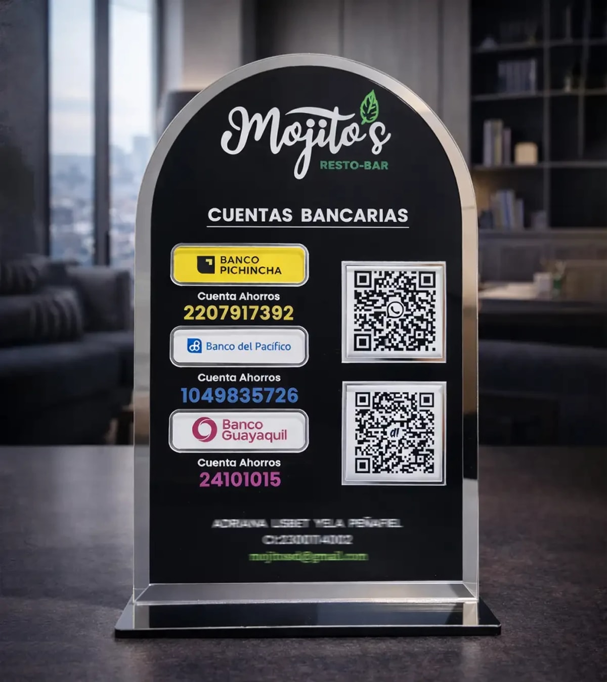 Placa Acrílico Cuentas Bancarias y Códigos QR Personalizada | Exhibidor Métodos de Pago - Producto personalizado - Izeta Studio