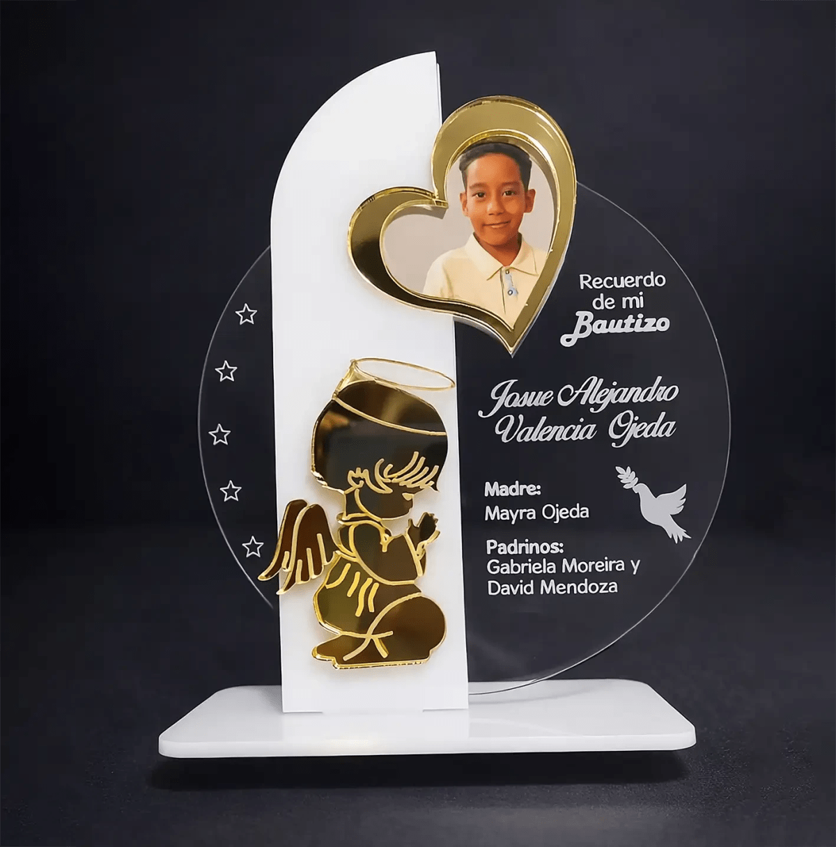 Recuerdo personalizado de Bautizo en Acrílico Blanco con angel dorado  - Producto personalizado - Izeta Studio