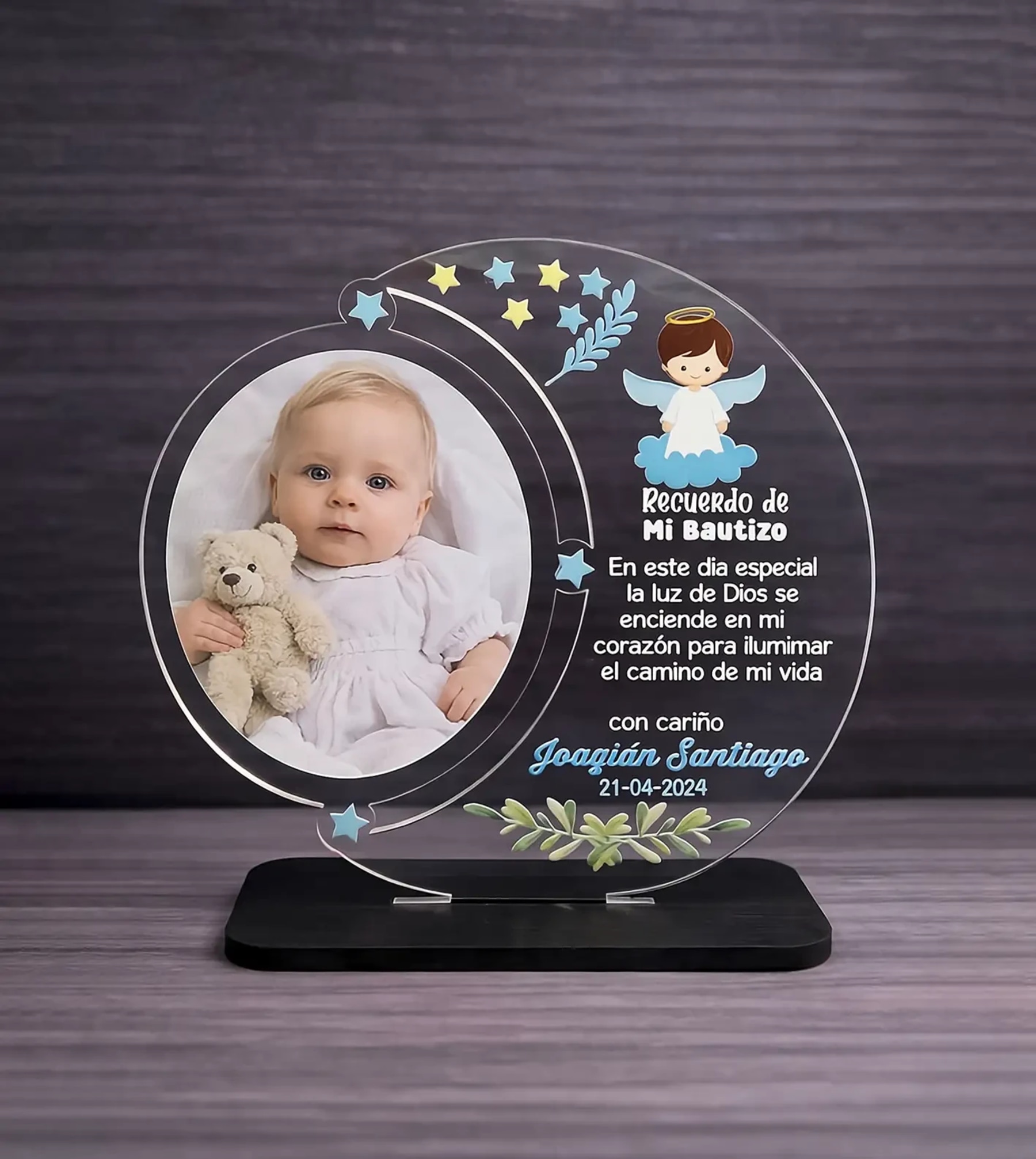 Recuerdo de Bautizo en Acrílico Personalizado con Foto en forma de luna - Producto personalizado - Izeta Studio