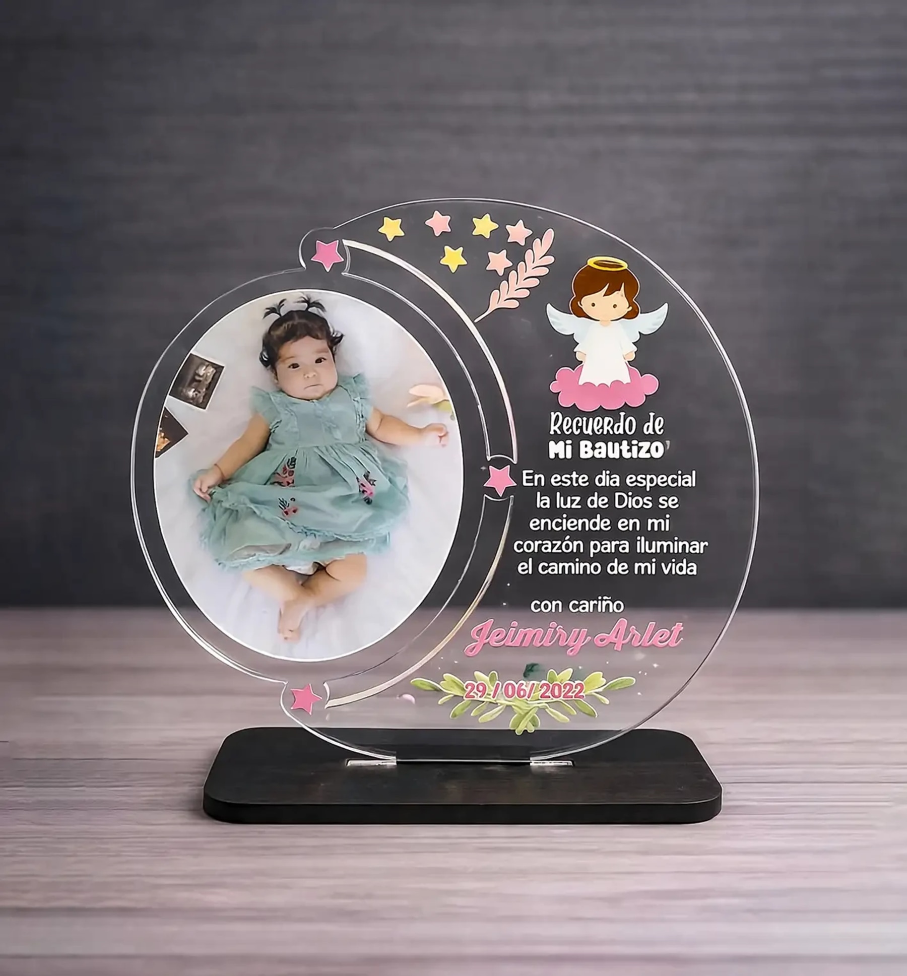 Recuerdo de Bautizo en Acrílico Personalizado con Foto en forma de luna - Producto personalizado - Izeta Studio