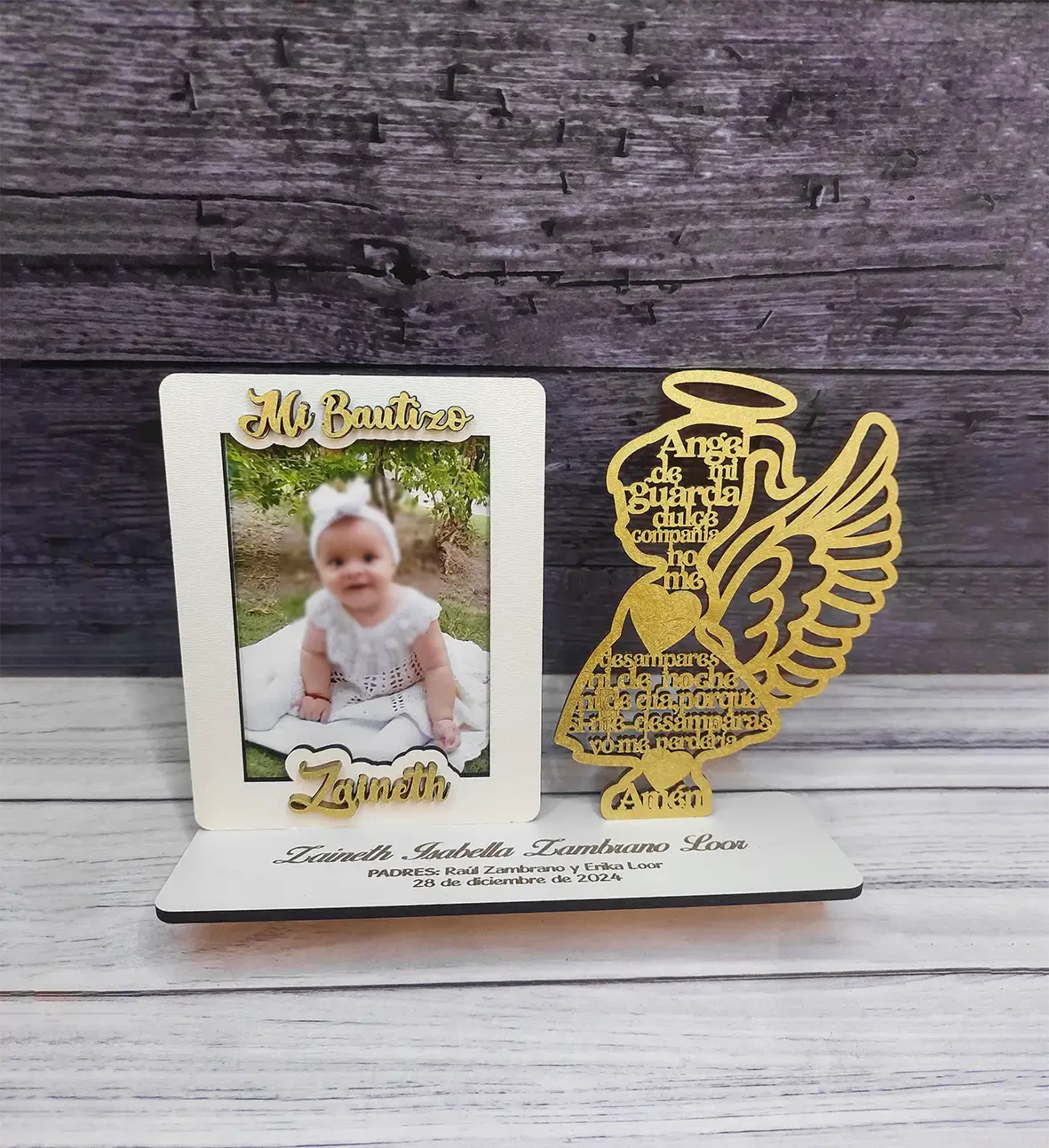 Recuerdo Bautizo Personalizado Ángel de la Guarda en Madera | Portarretrato MDF - Producto personalizado - Izeta Studio