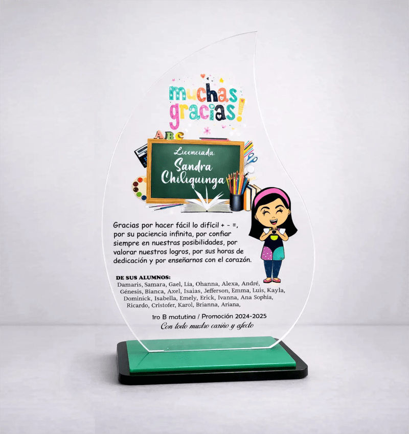 Placa de Reconocimiento en Acrílico Profesora Personalizada | Regalo Fin de Curso - Producto personalizado - Izeta Studio