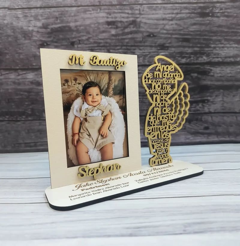 Recuerdo Bautizo Personalizado Ángel de la Guarda en Madera | Portarretrato MDF - Producto personalizado - Izeta Studio